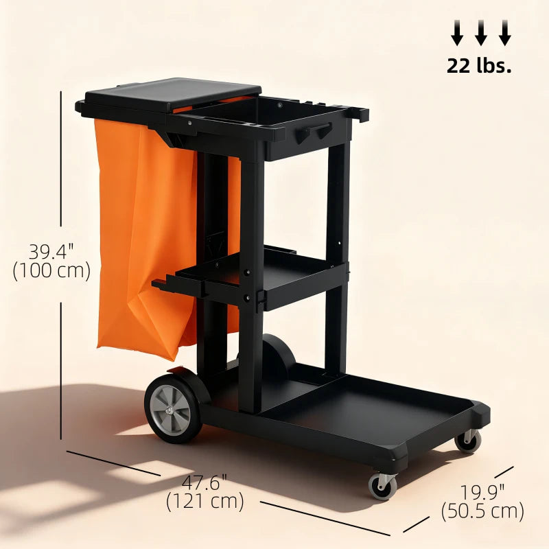 Commercial Janitorial Cart with 3 Tier Shelves, Cleaning Cart with Rubbish Bag and Mop Mount for Hotel Restaurant, Grey