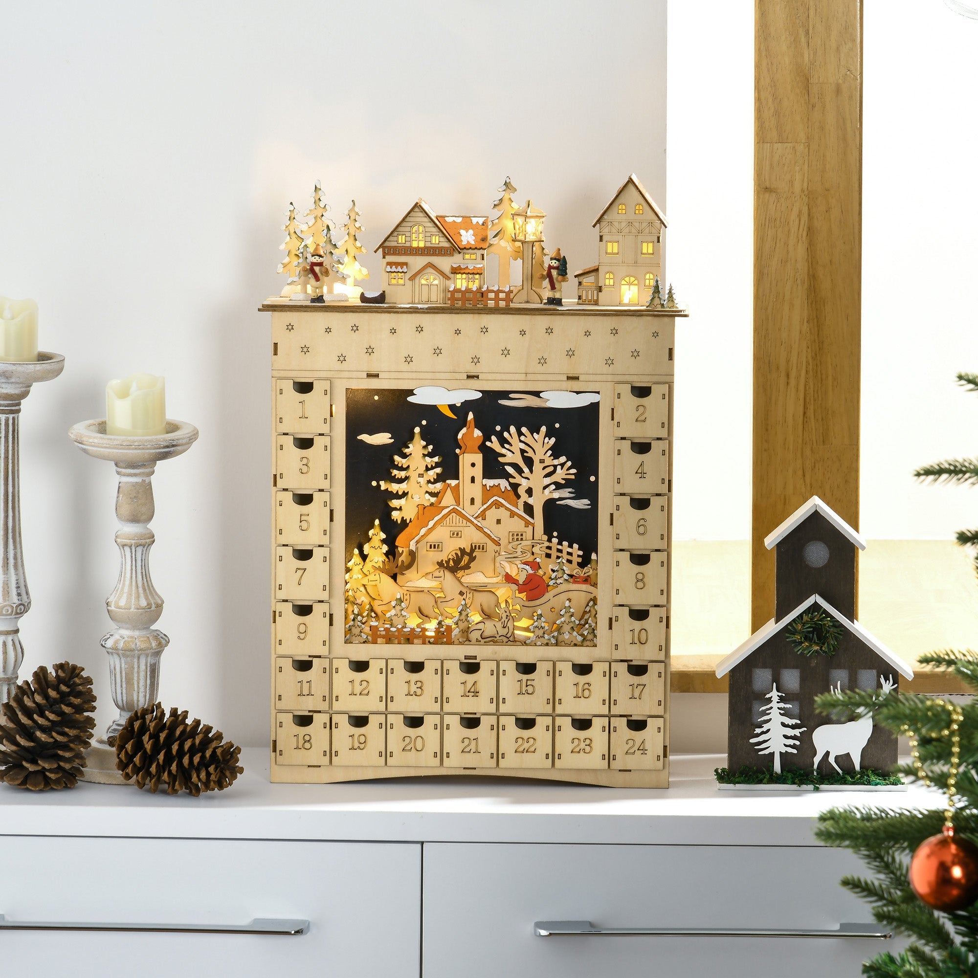 HOMCOM Festive Advent Calendar - Wooden Countdown with 24 Drawers, LED Lights, Battery-Operated Table Decor 