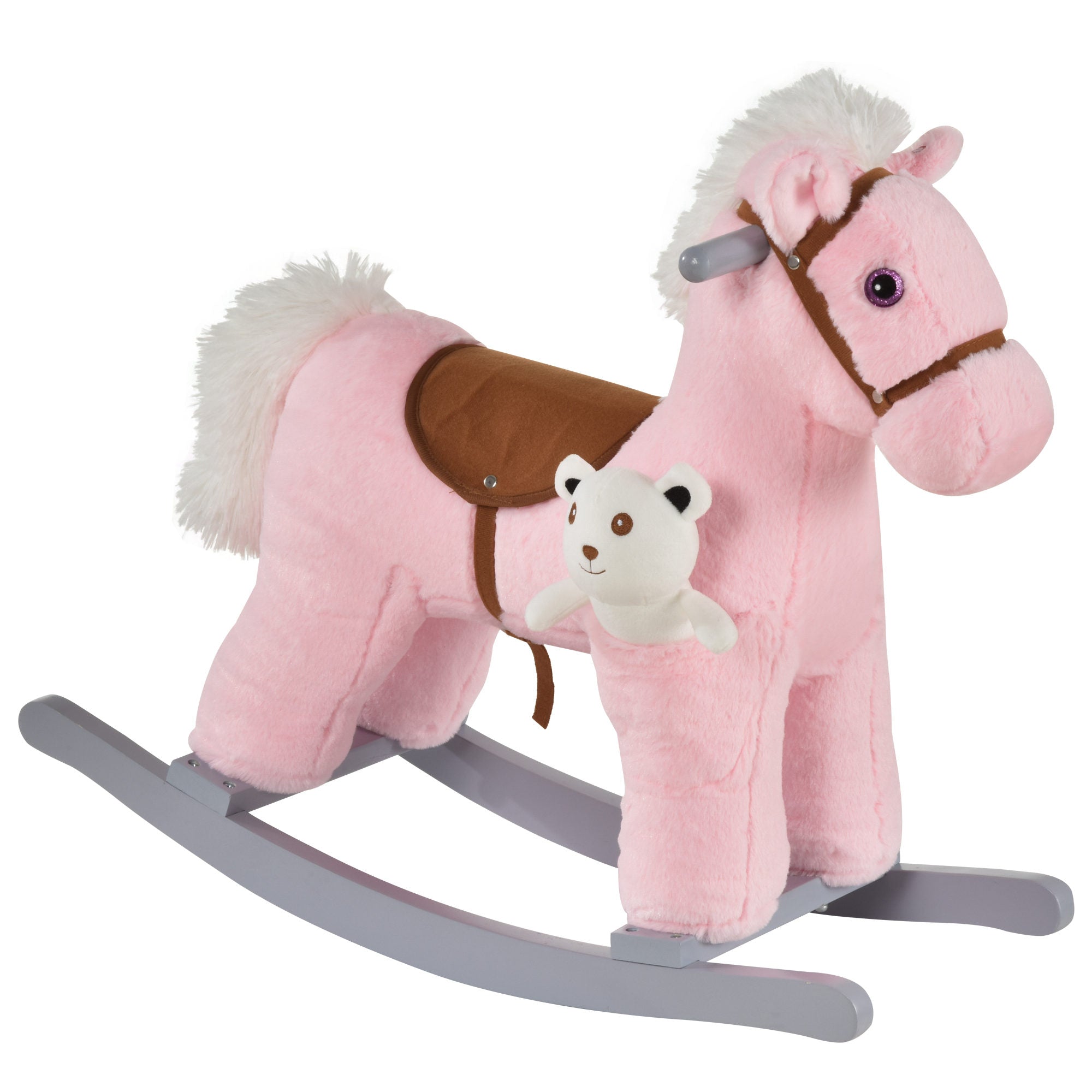 Qaba Kids Plush Ride-On Rocking Horse with Bear Toy, Children Chair with Soft Plush Toy & Fun Realistic Sounds, Pink 