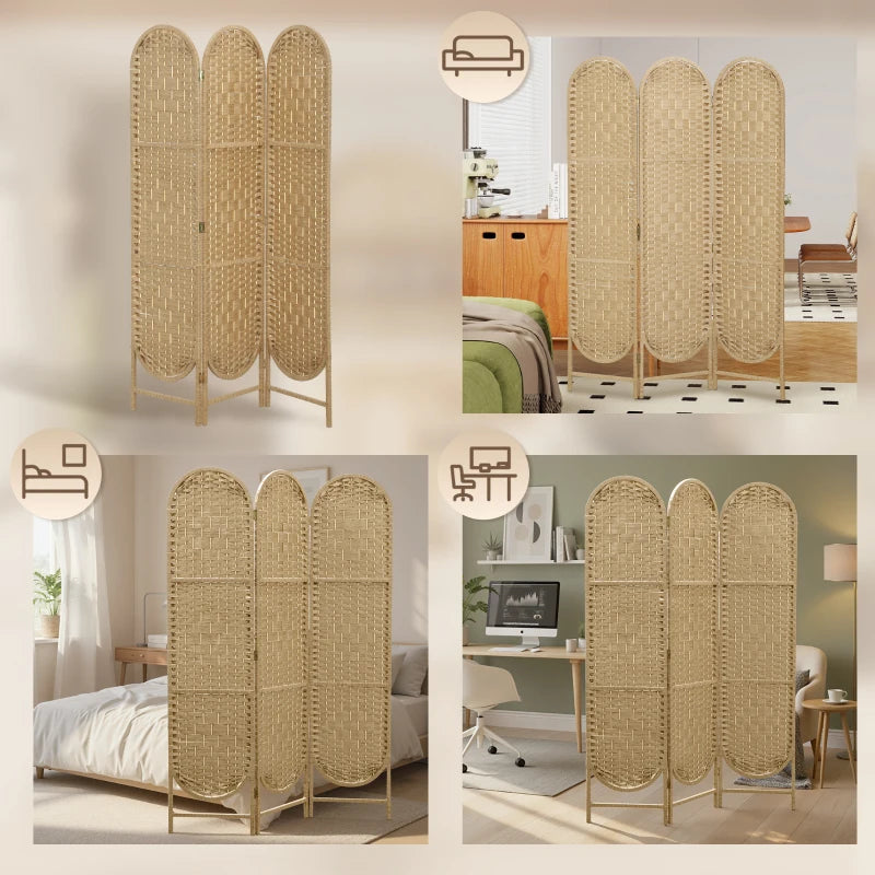 Bohemian Privacy Screen, Folding Room Divider with 3 Panels and Arched Top for Bedroom Living Room Office, Natural Wood