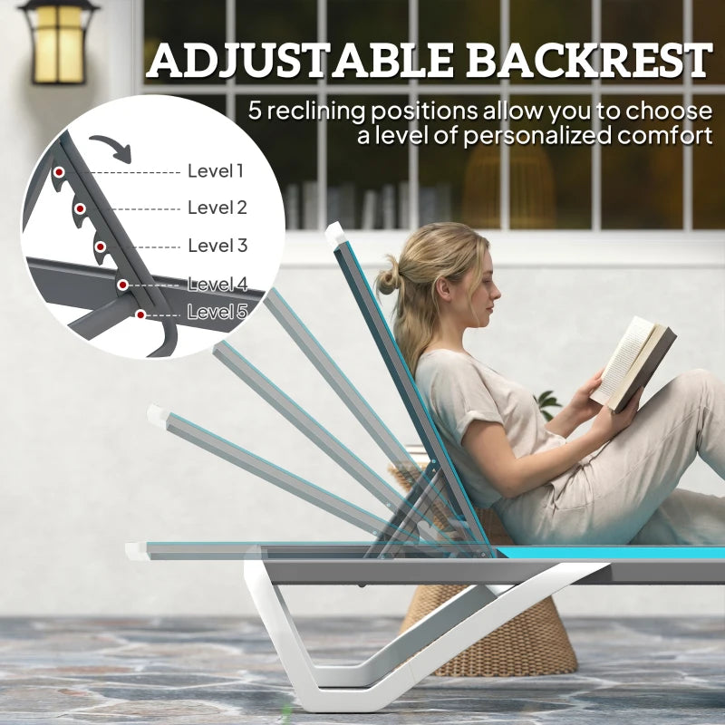 Outdoor Chaise Lounge Chair, Patio Aluminum Tanning Chair with 5-Level Adjustable Back, Portable Wheels, Turquoise