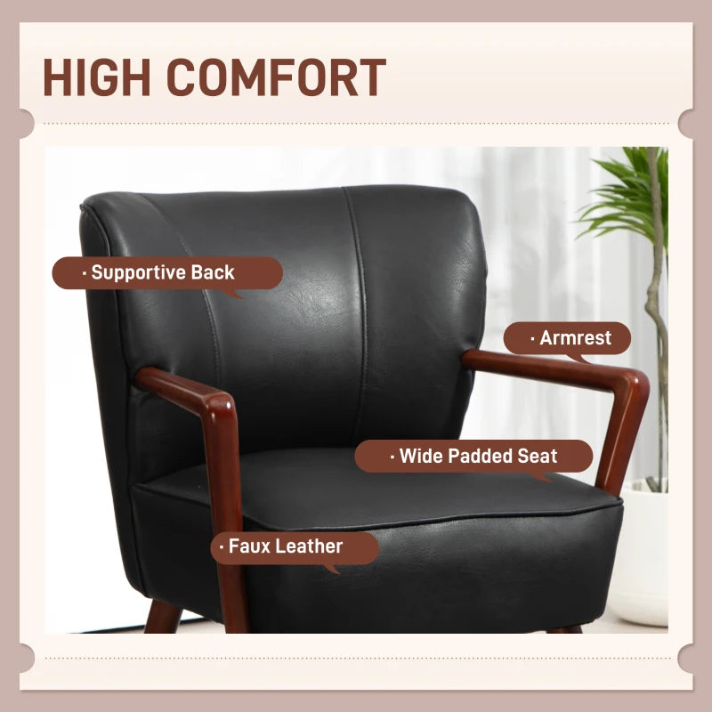 Accent Chair, Modern Armchair, Faux Leather Upholstered Living Room Chair with Wood Legs and Wide Padded Seat, Black