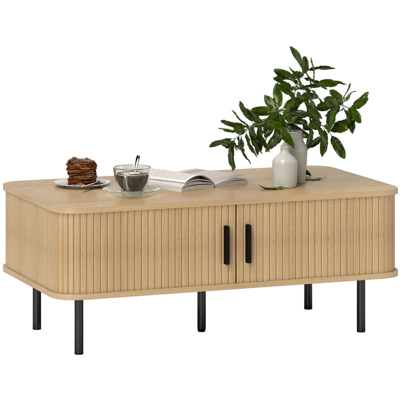 Coffee Table with Storage, Nordic Side Table with Fluted Tambour Sliding Doors and Steel Legs for Living Room, Oak
