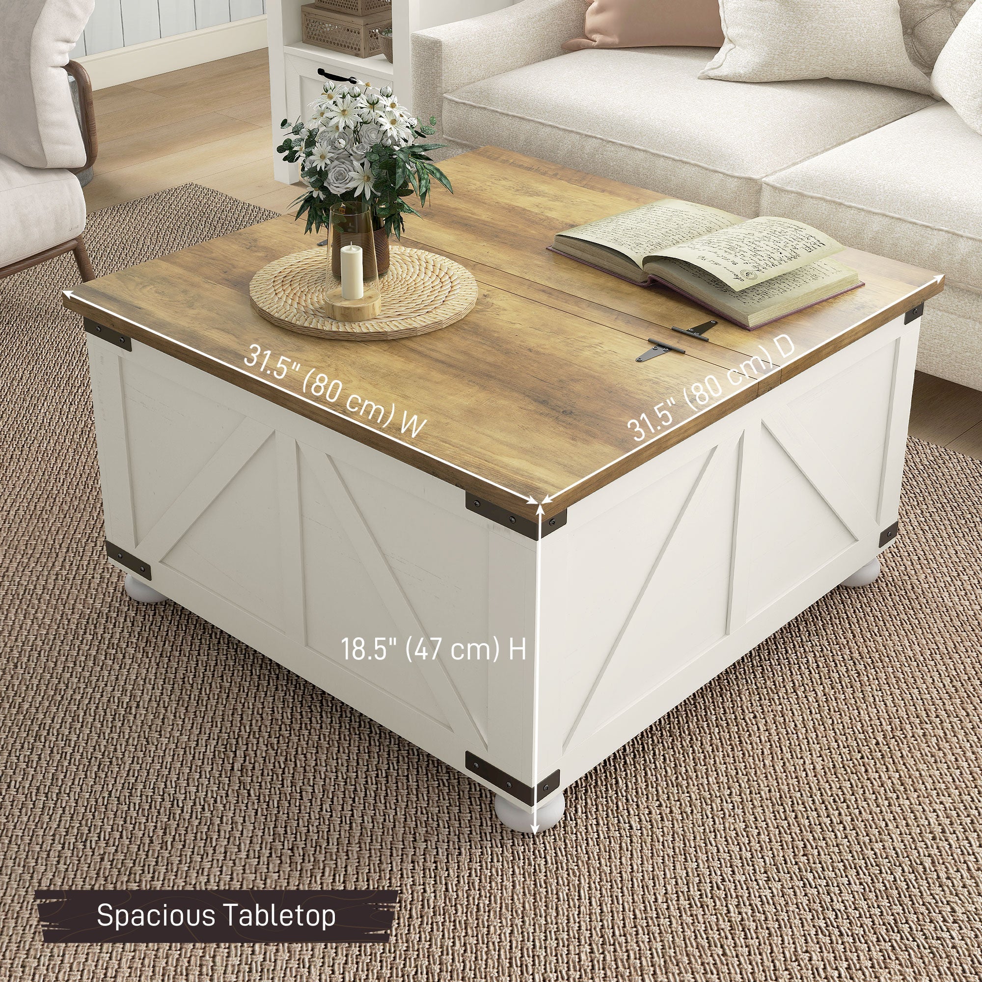 HOMCOM Antique White Farmhouse Coffee Table: Square Center Table with Flip-top Lids, Hidden Storage and Wooden Legs 
