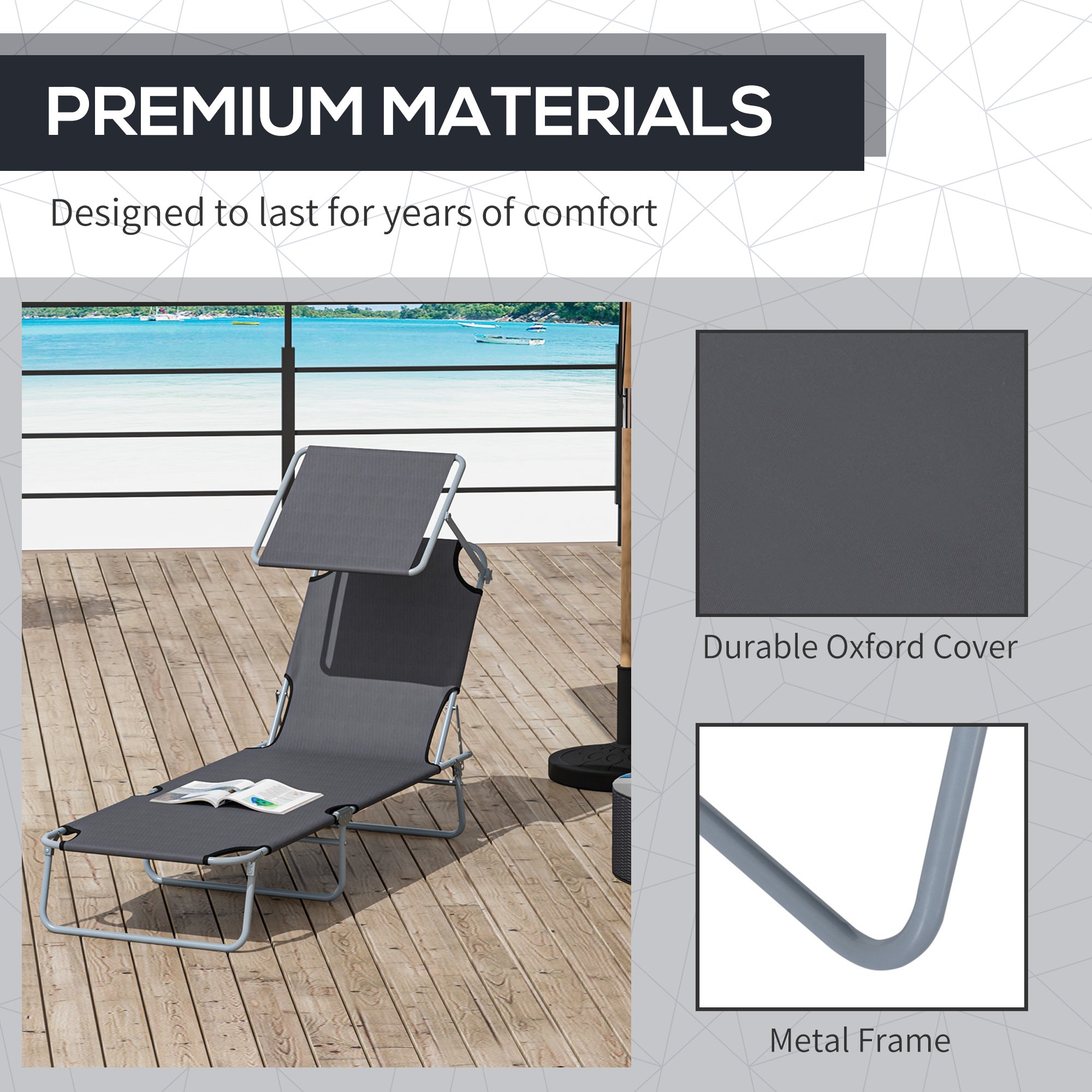 Outsunny Adjustable Garden Outdoor Lounge Chair, Folding Chaise Lounge Bed, Reclining Portable Tanning Chair Seat with Sun Shade, Grey 