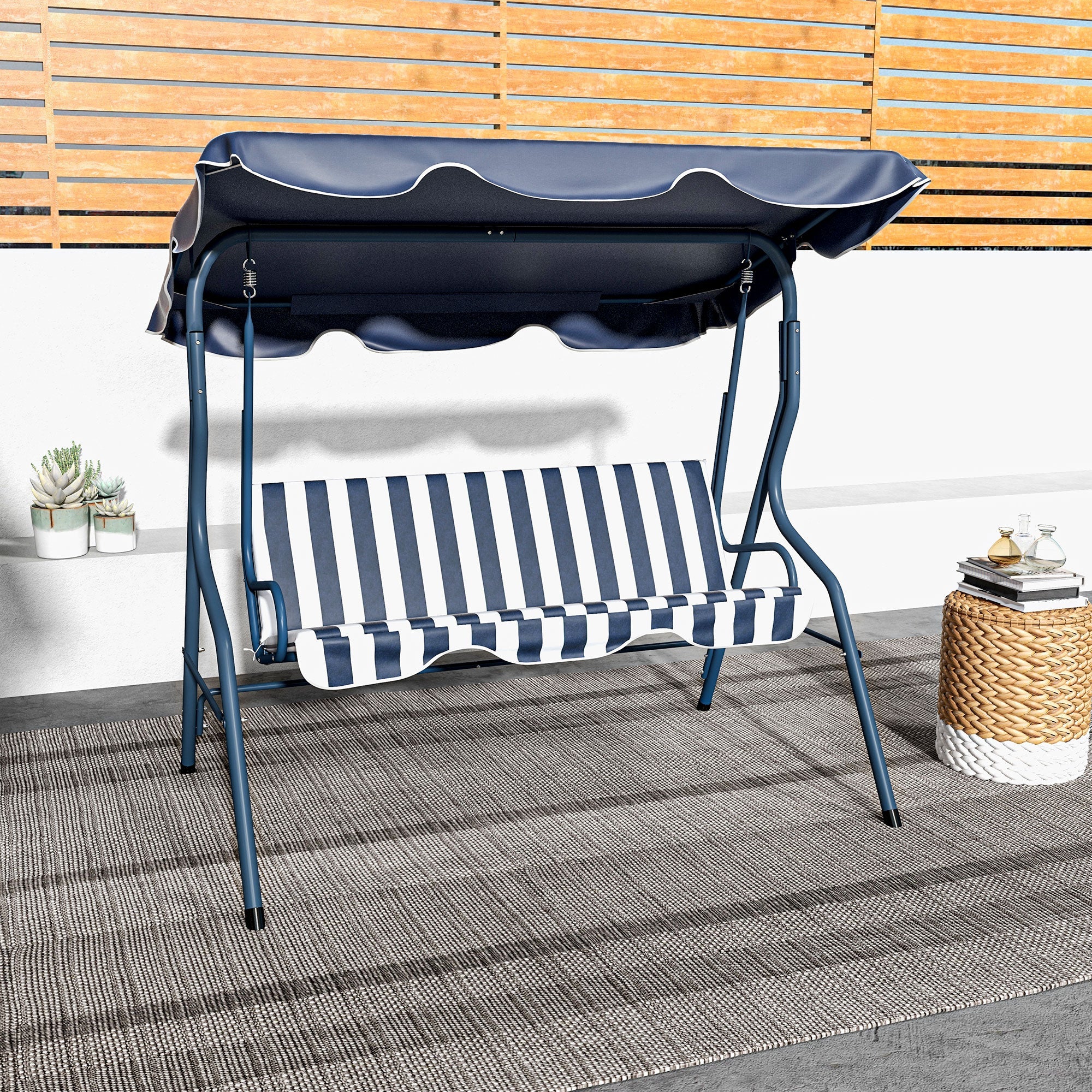 Outsunny 3-Seater Patio Swing Chair Outdoor Porch Swing with Adjustable Canopy Cushion Blue 