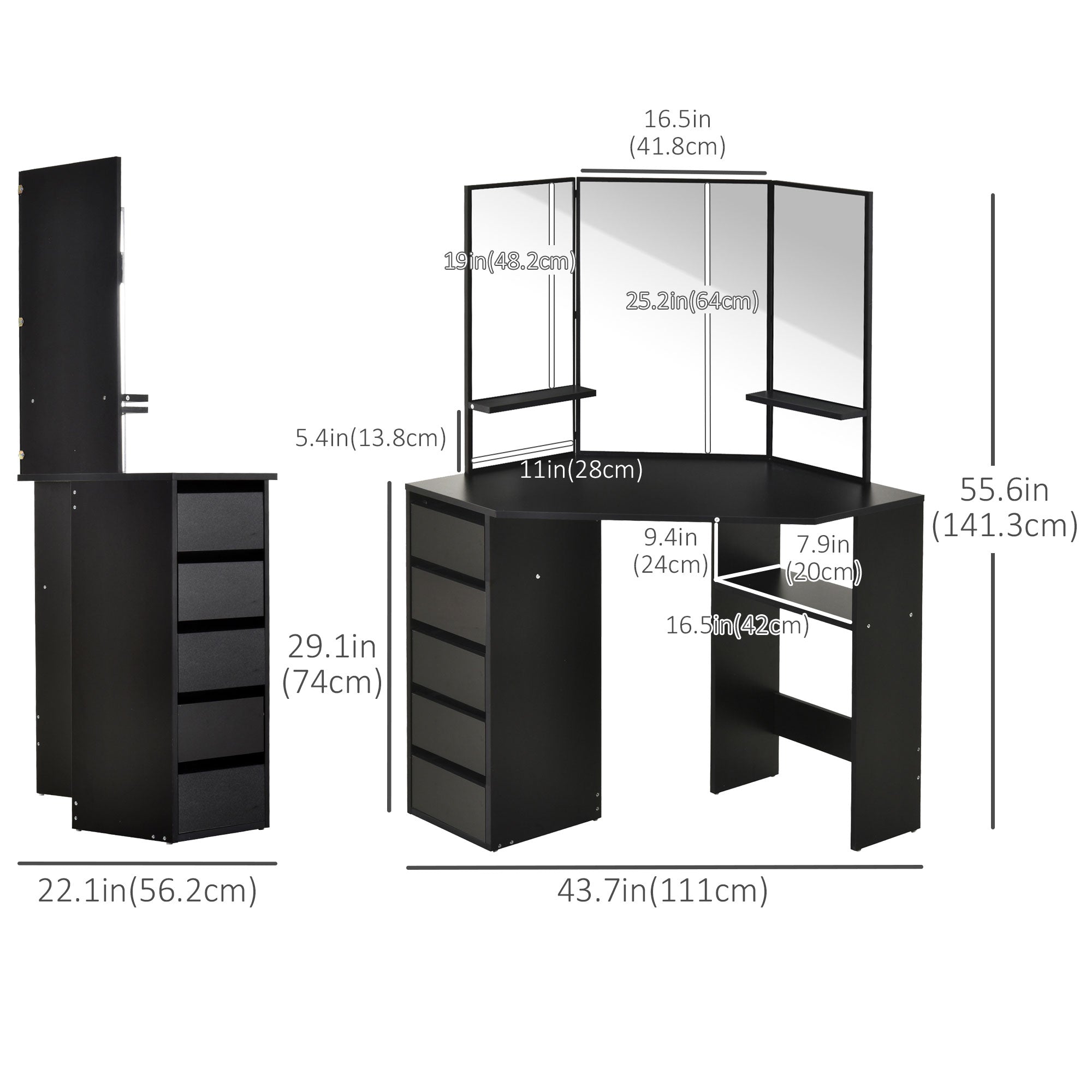 HOMCOM Corner Vanity Table Small Makeup Desk with Drawers and Mirror for Bedroom Black 