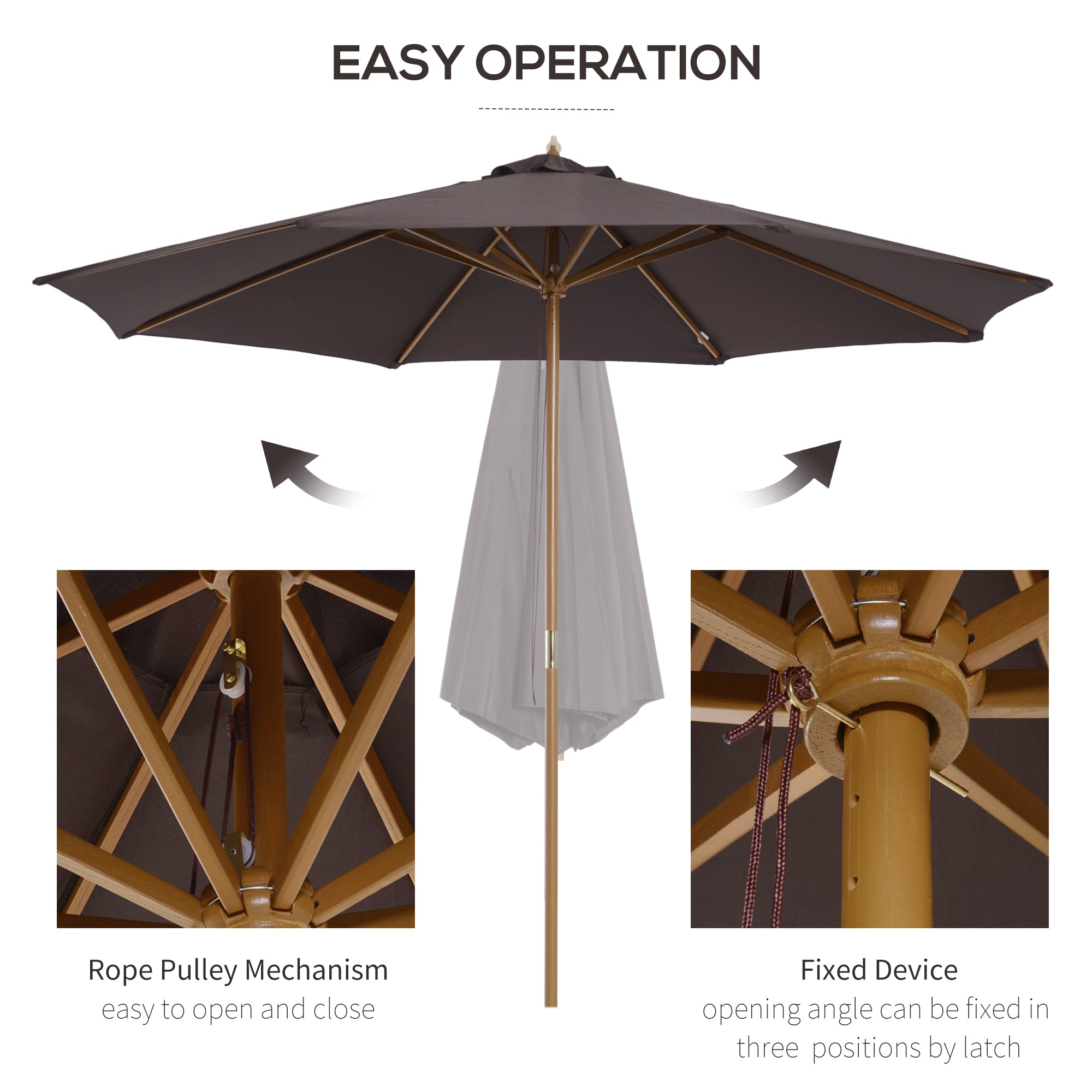 Outsunny 10'x10' Wooden Patio Umbrella, Outdoor Garden Sunshade Canopy, Bamboo Rib, Coffee - Elegant Outdoor Coffee Shade 