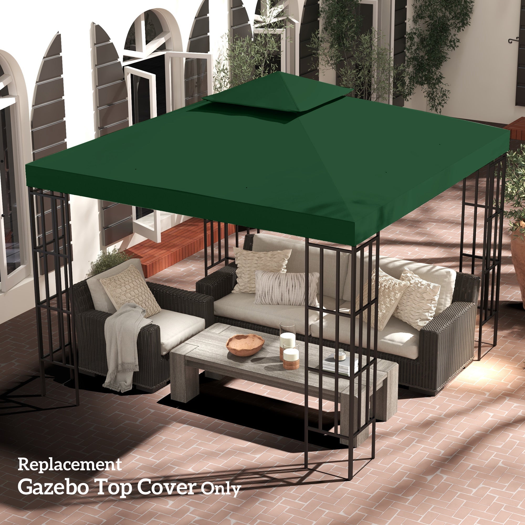 Outsunny 9.8' x 9.8' Square 2-Tier Gazebo Canopy Replacement Top Cover Outdoor Garden Sun Shade, Green 