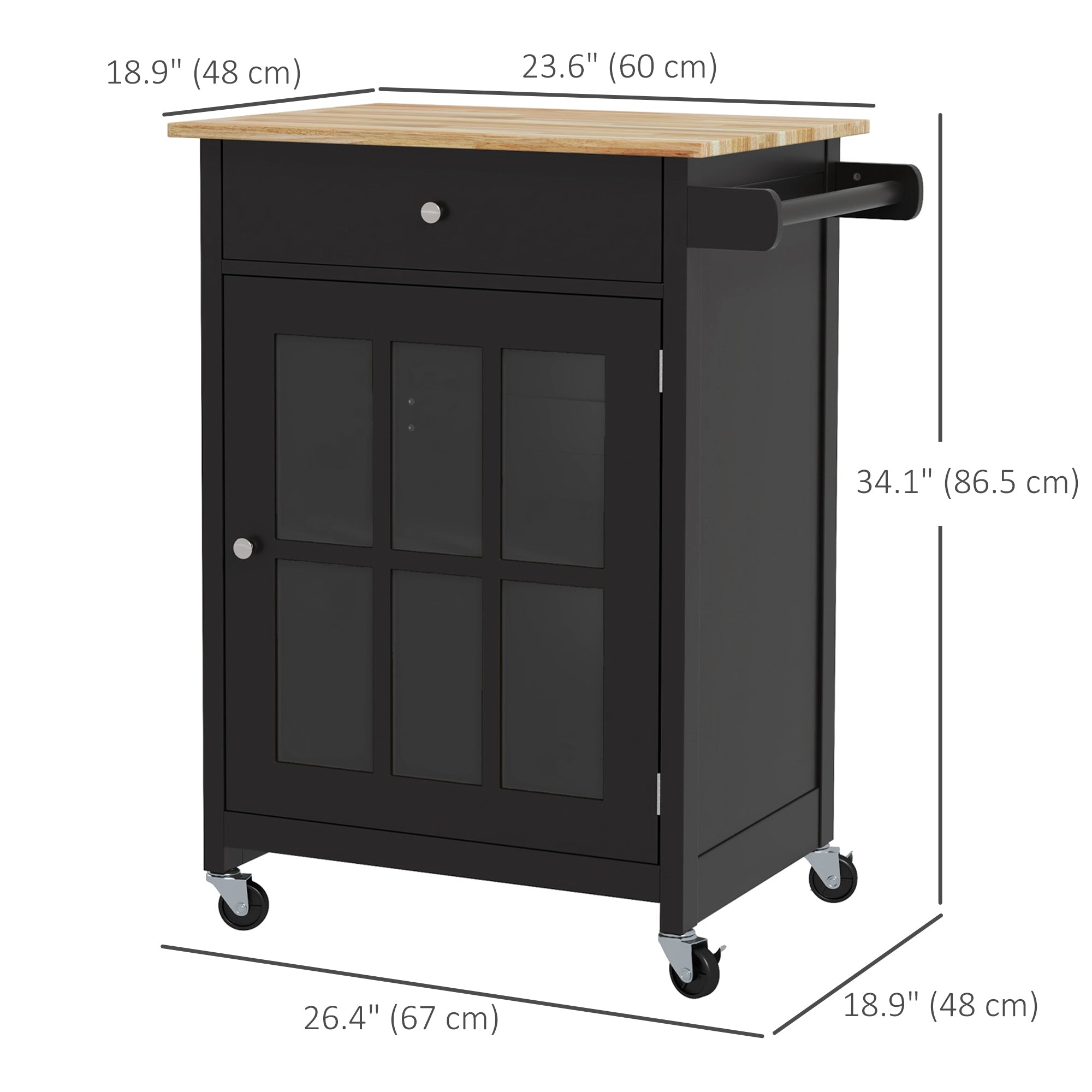 HOMCOM Kitchen Mobility: 26.4"x18.9"x34.1" Rolling Island with Drawer, Adjustable Shelf, Towel Rack, Black Finish 