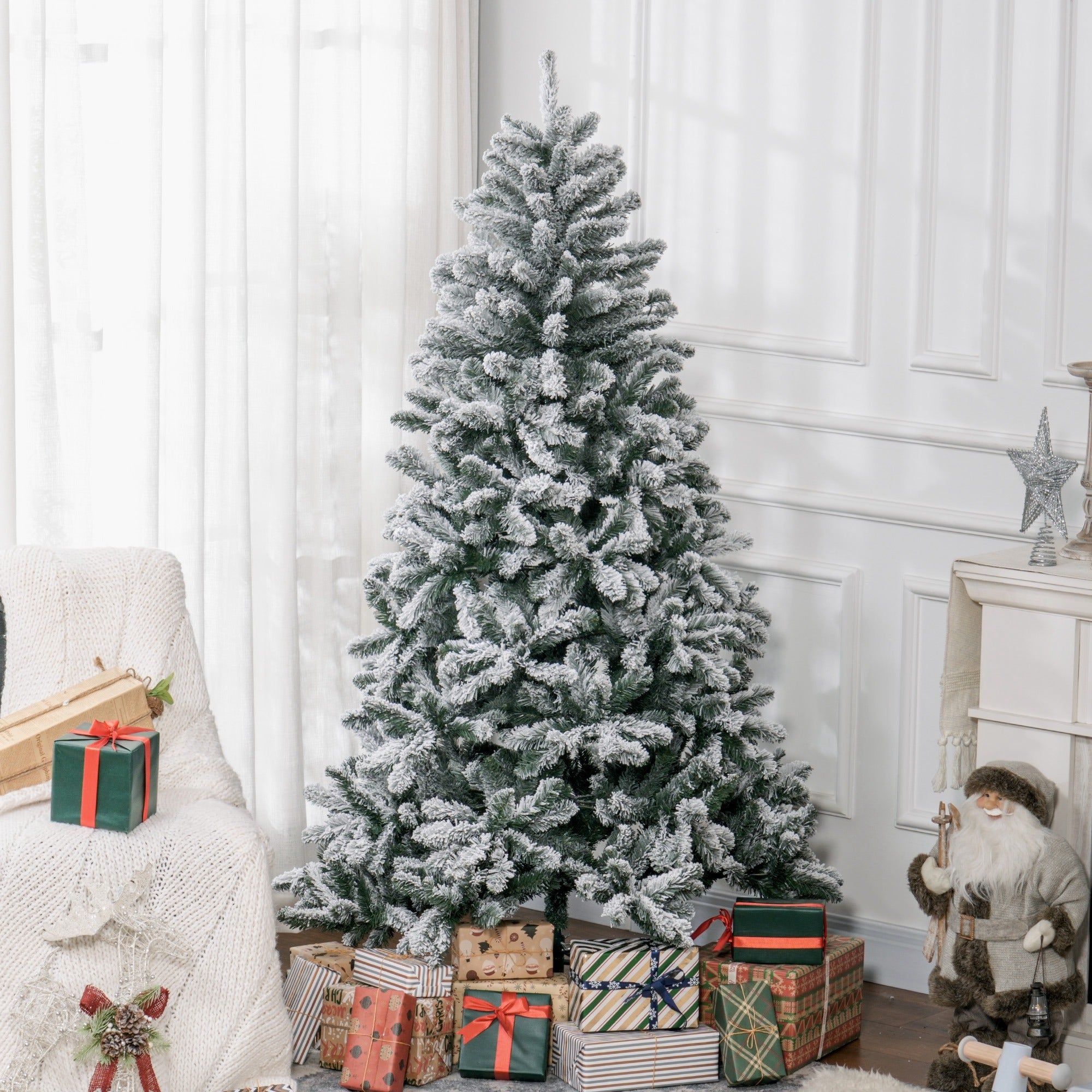 HOMCOM 6 Foot Artificial Flocked Christmas Tree with Snow, Metal Stand, Hinged Xmas Tree for Home Office Holiday 