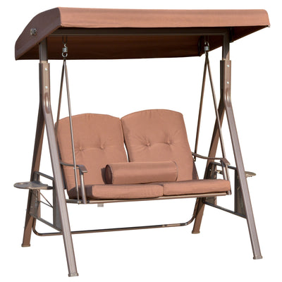 Outsunny Outdoor 2-Person Patio Swing Chair Canopy Adjustable Shade Cushions Pillow Tray Brown 