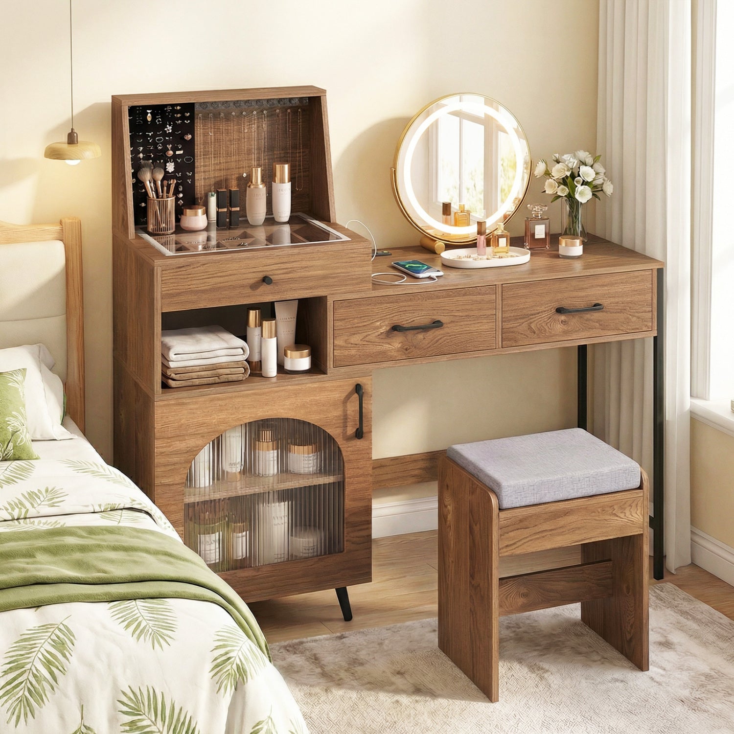 Vanity Desk with LED Lighted Mirror, Jewelry Storage, Charging Station & Cushioned Stool
