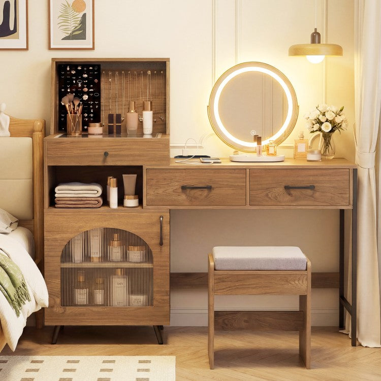 Vanity Desk with LED Lighted Mirror, Jewelry Storage, Charging Station & Cushioned Stool