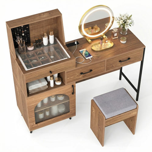 Vanity Desk with LED Lighted Mirror, Jewelry Storage, Charging Station & Cushioned Stool