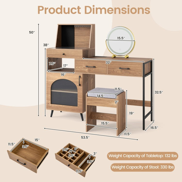 Vanity Desk with LED Lighted Mirror, Jewelry Storage, Charging Station & Cushioned Stool