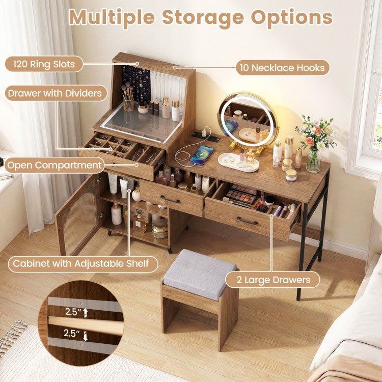 Vanity Desk with LED Lighted Mirror, Jewelry Storage, Charging Station & Cushioned Stool