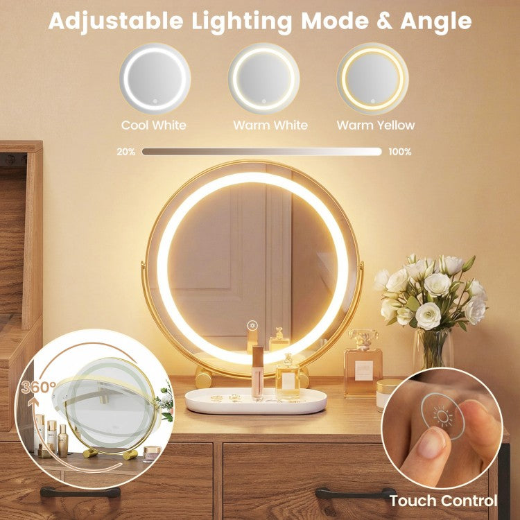 Vanity Desk with LED Lighted Mirror, Jewelry Storage, Charging Station & Cushioned Stool