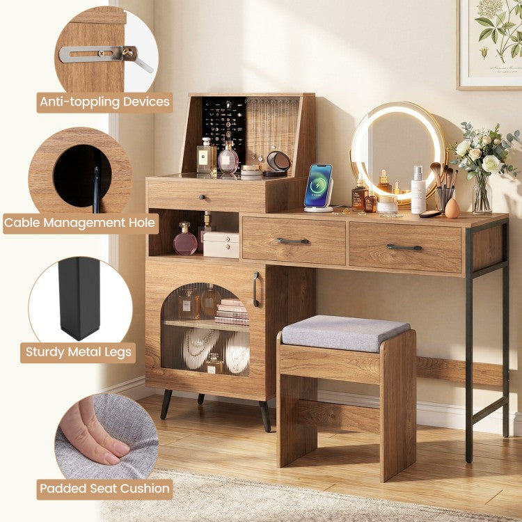 Vanity Desk with LED Lighted Mirror, Jewelry Storage, Charging Station & Cushioned Stool