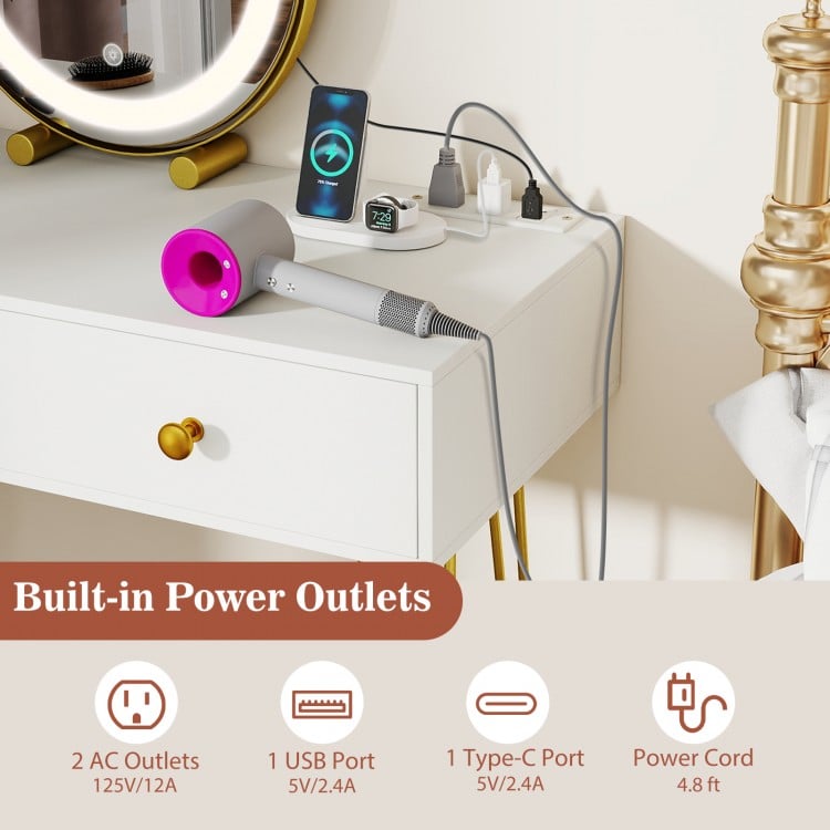 Vanity Desk with with Lighted Adjustable Mirror for Bedroom-White