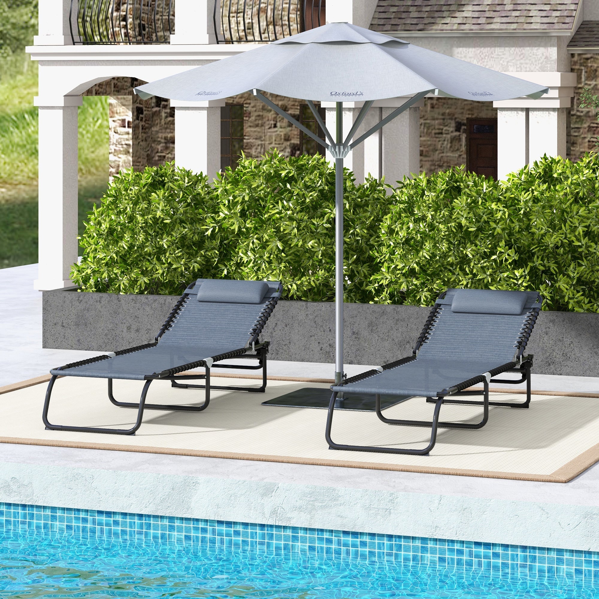 Outsunny 2 PCs Folding Lounge Chairs, Adjustable Chaise Lounges with Headrest, Reclining Lounger Cot for Camping, Hiking, Grey 
