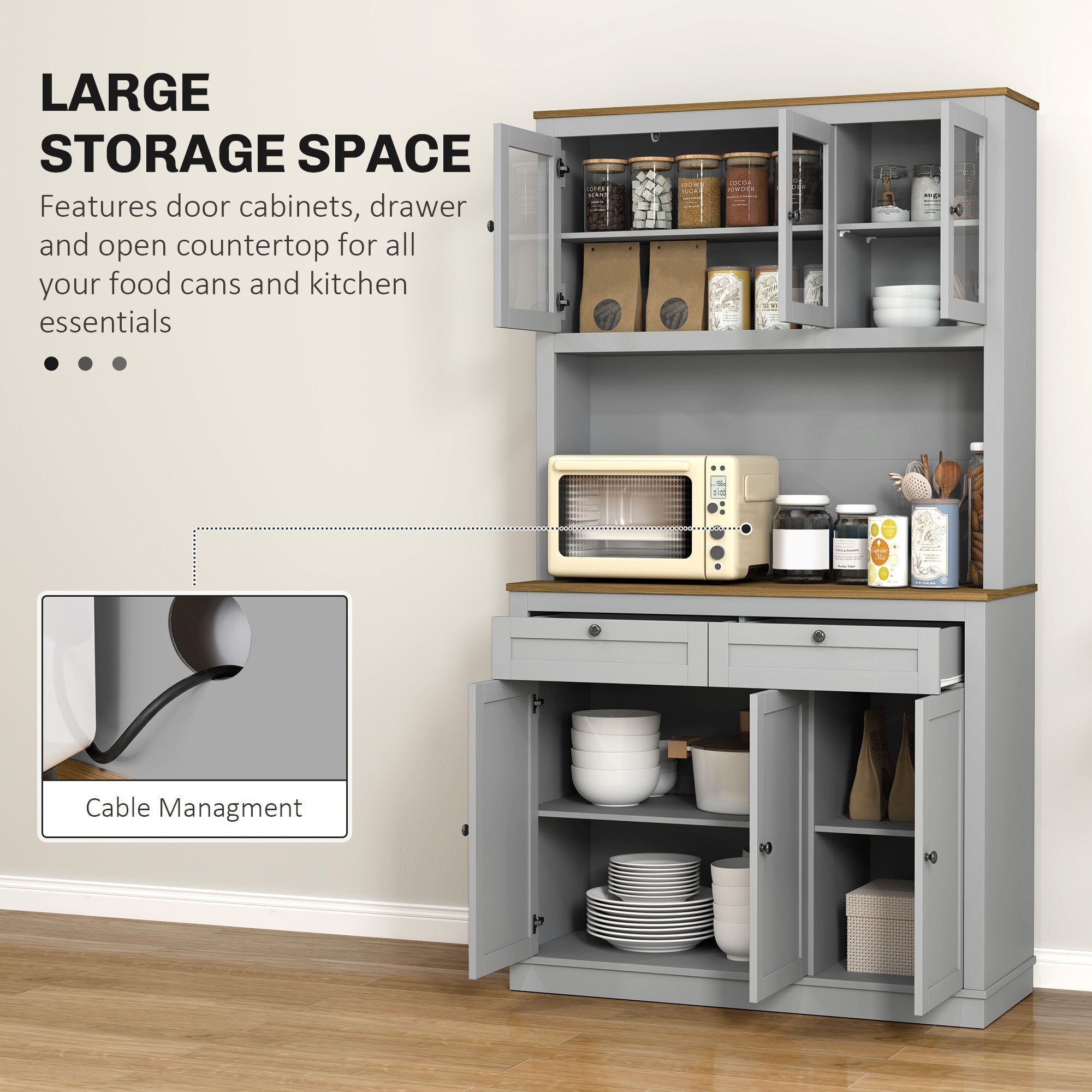 HOMCOM 71" Pantry Cabinet with Microwave Space, Buffet with Hutch, 2 Drawers, Adjustable Shelves and Glass Doors, Grey 