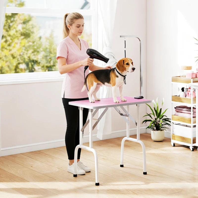 Foldable Pet Grooming Table for Dogs Cats with Adjustable Arm, Non-slip Surface, Pink