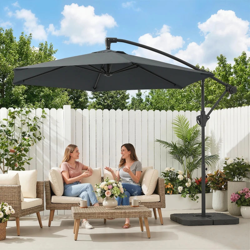 9.7 ft Offset Patio Umbrella with Water/Sand Fillable Weights, Garden Hanging Parasol with Locking Latch, Dark Grey