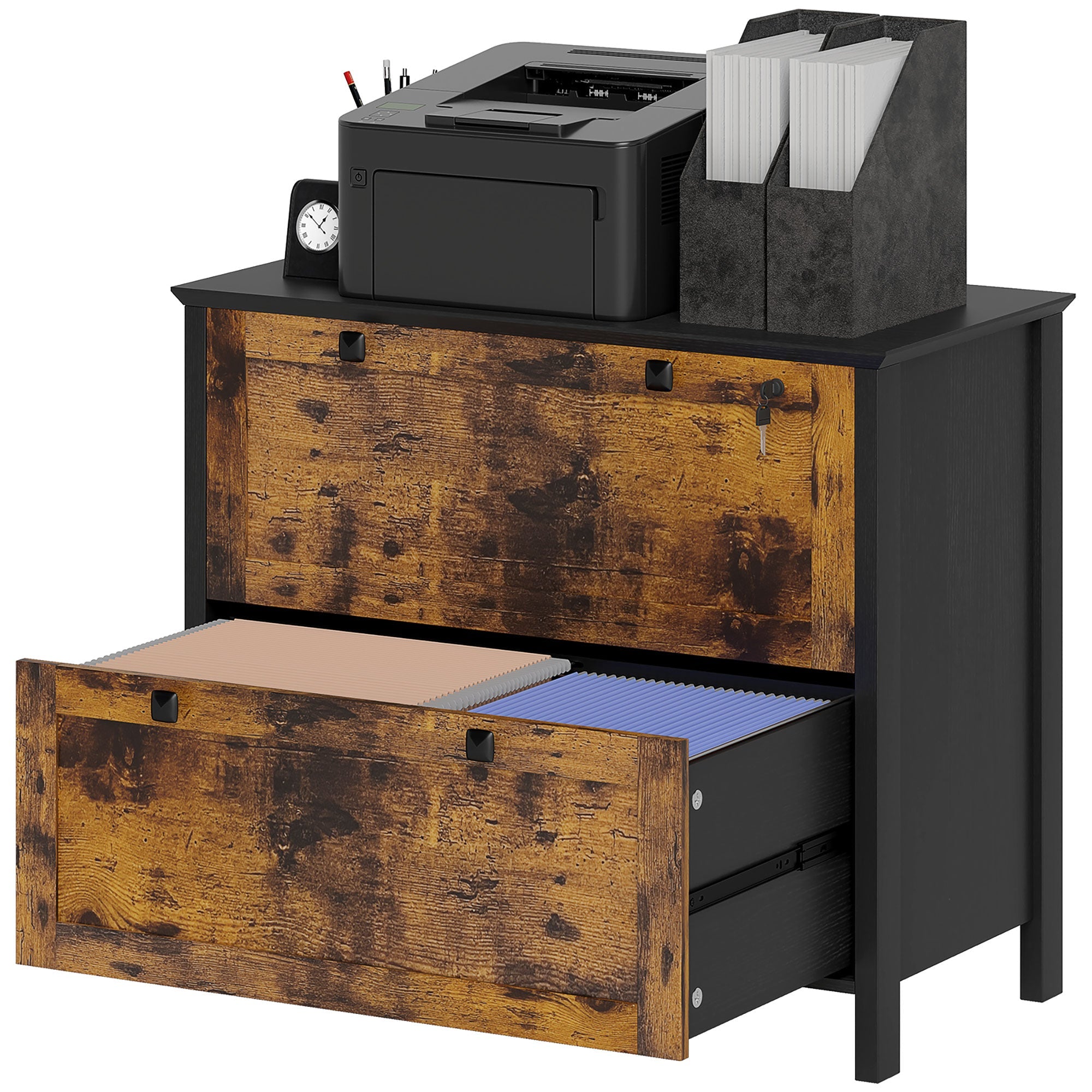 HOMCOM 2 Drawer File Cabinet, Lockable Filing Cabinet with Adjustable Hanging Bar for Letter, A4 Size, Rustic Brown 