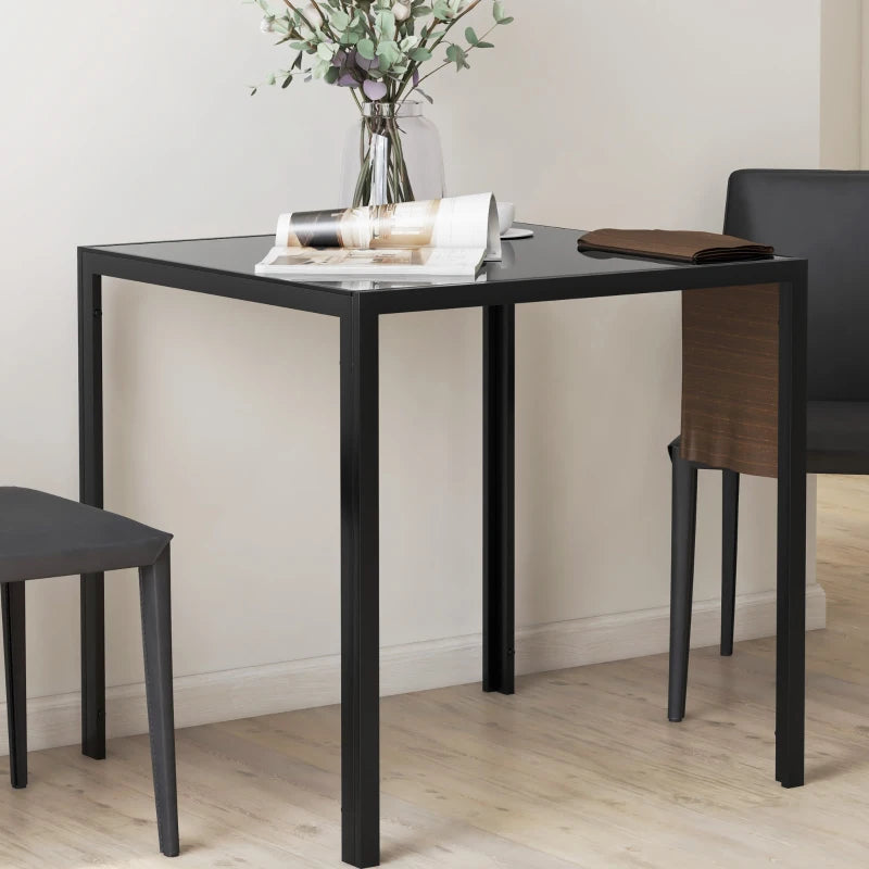 Square Kitchen Table for 2-4 People, Dining Table with Glass Top and Steel Legs for Dining Room, Black