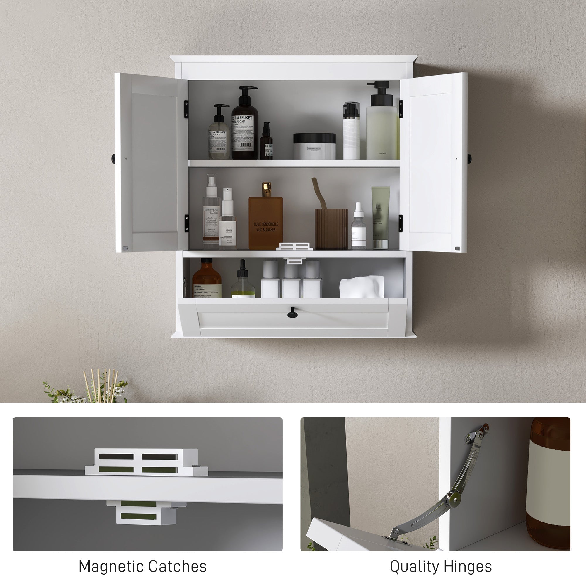 HOMCOM Medicine Cabinet with Adjustable Shelf, Bathroom Wall Cabinet Bathroom Cabinet with Recessed Panels, White 