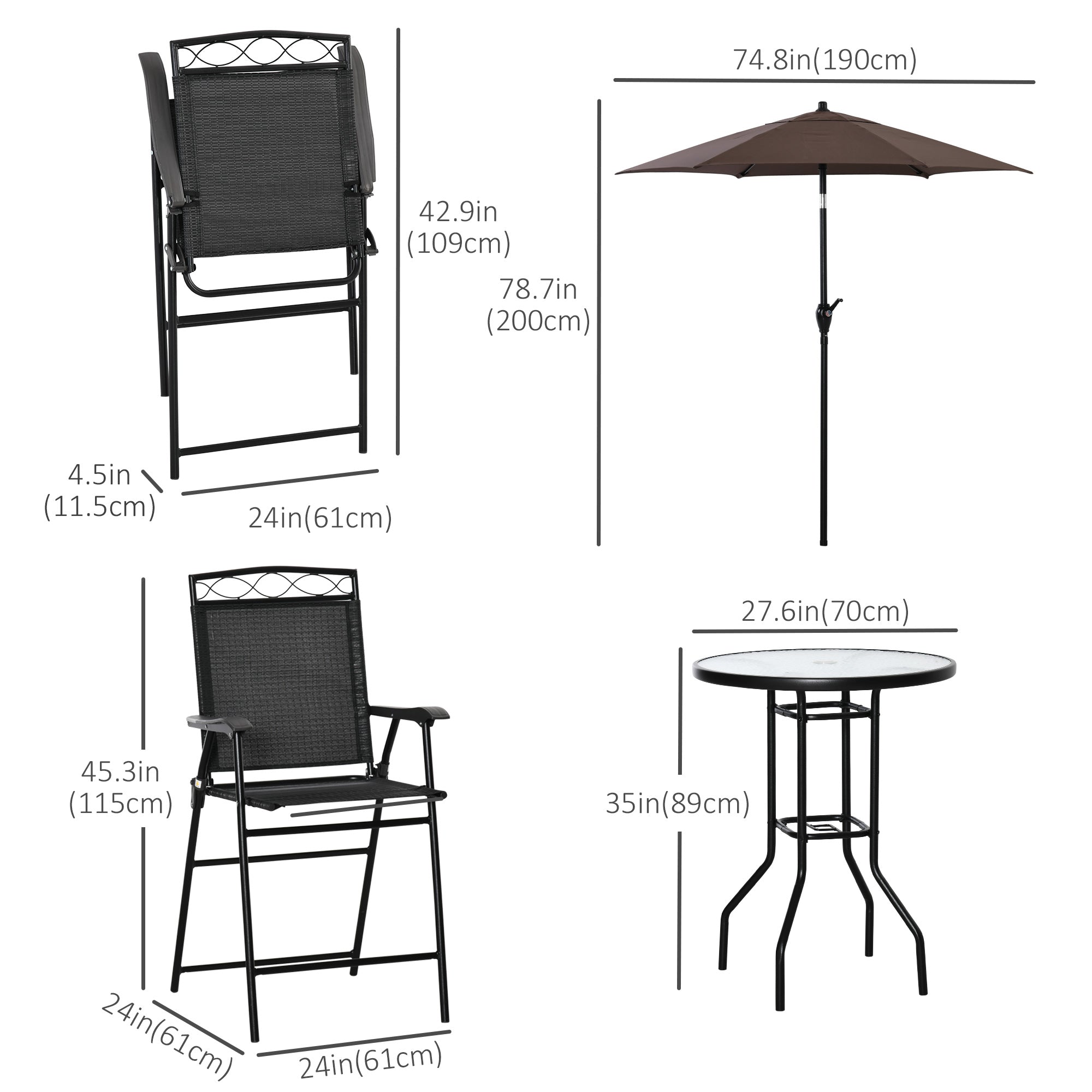 Outsunny 4 Piece Patio Bar Set, Sling Folding Outdoor Furniture with Umbrella for Poolside, Backyard and Garden, Black 