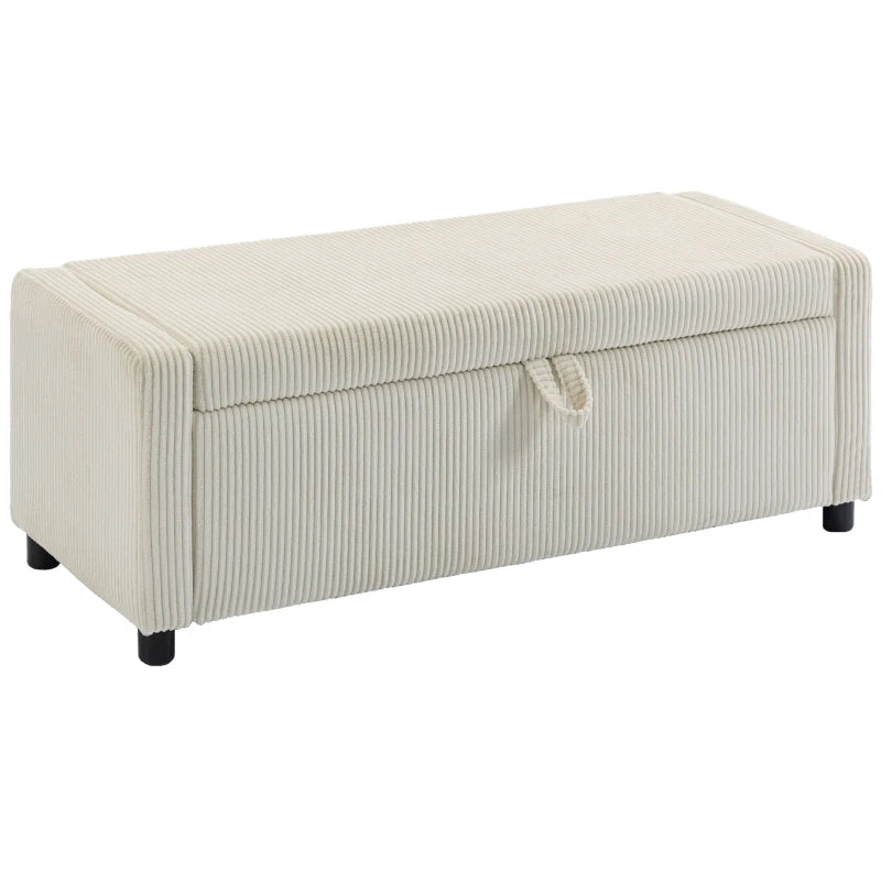 Storage Ottoman, Upholstered Corduroy End of Bed Bench with Thick Padding, Storage Bench for Bedroom, Beige