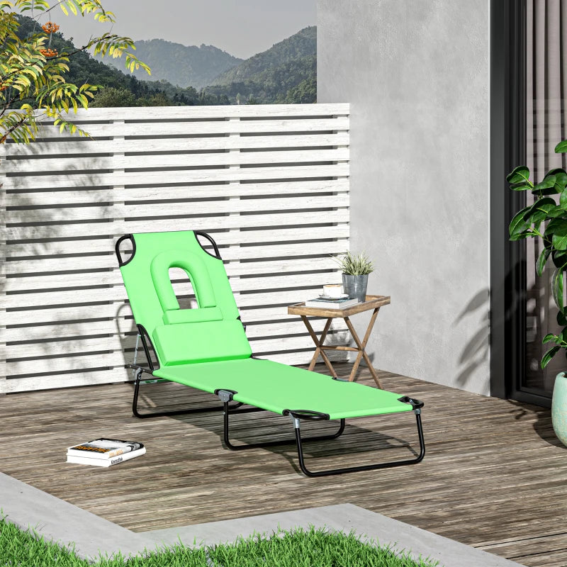 Adjustable Outdoor Lounge Chair, Garden Folding Chaise Lounge with Face Hole Reclining Tanning Chair Seat, Folding Camping Beach Lounging Bed w/ Support Pillow, Green