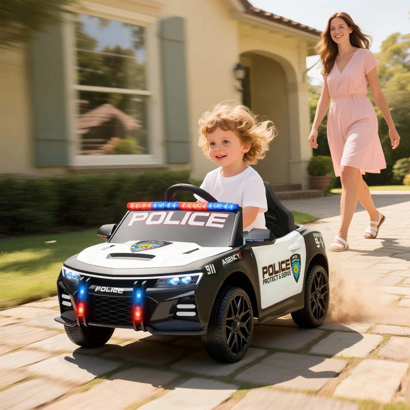 Qaba Kids Electric Ride on Police Car with Remote Control, Sirens, Flashing Lights, Music, Horn, Shock Absorbers, White