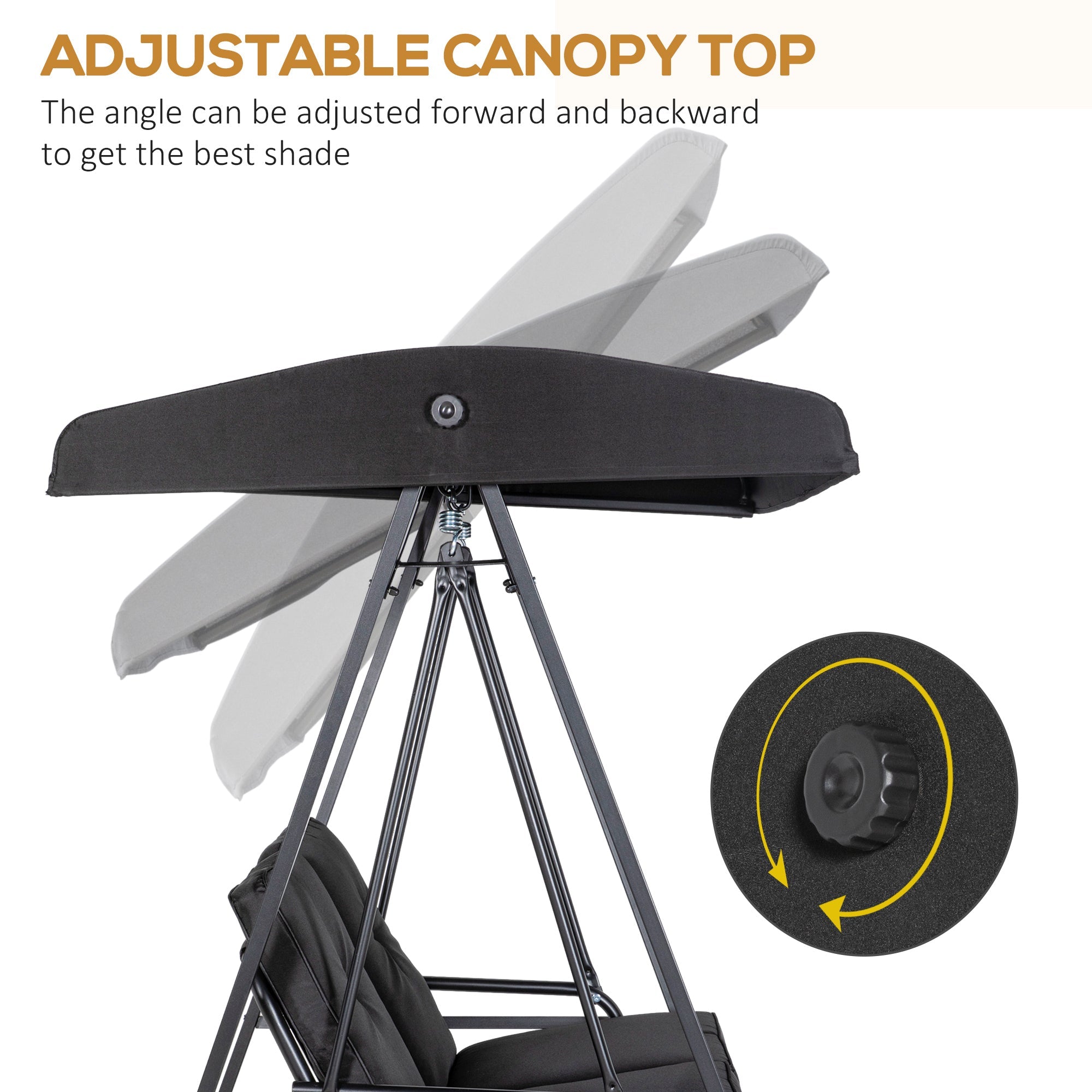 Outsunny Outdoor Porch Swing 2-Seater with Adjustable Canopy, Comfortable Patio Swing Chair for Garden, Poolside, Backyard in Black 