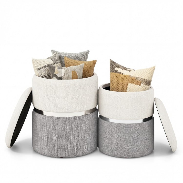 Velvet/Linen Fabric Storage Ottoman Set of 2-Gray
