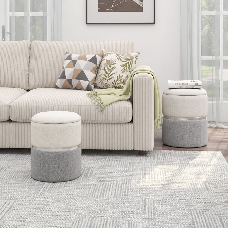 Velvet/Linen Fabric Storage Ottoman Set of 2-Gray