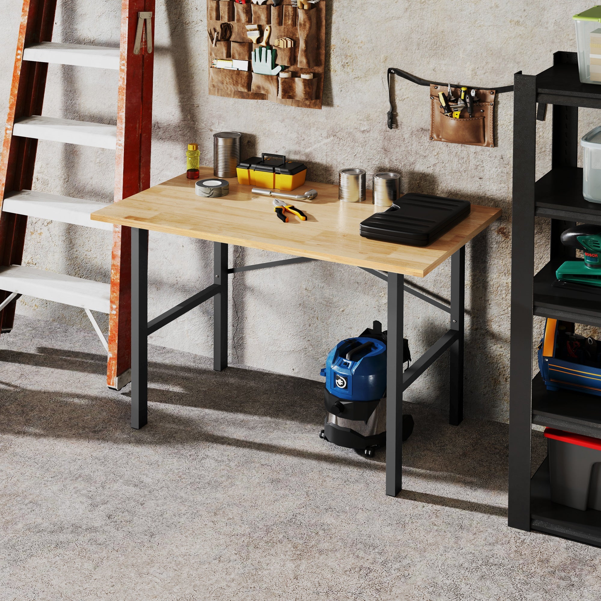 HOMCOM 46" Work bench Table Oak Wood Top, Heavy-Duty Steel Work Table High Stability Workstation, Natural Wood 