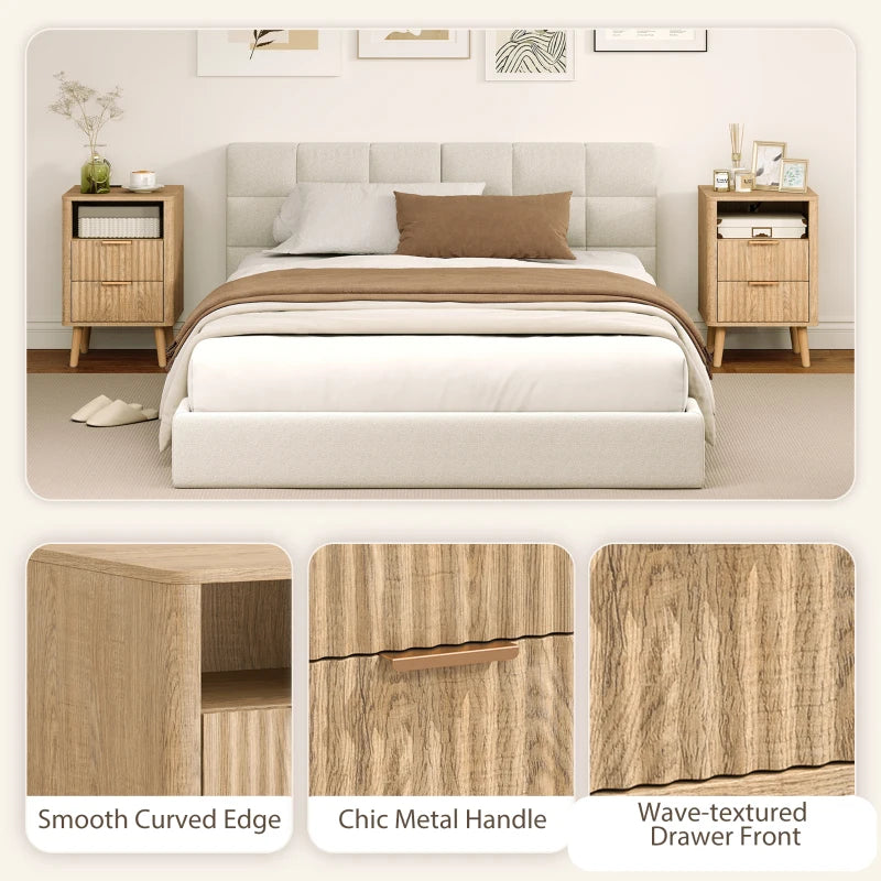 Nightstands Set of 2, Modern Bedside Tables with Charging Station, 2 Drawers and Open Shelf, Oak