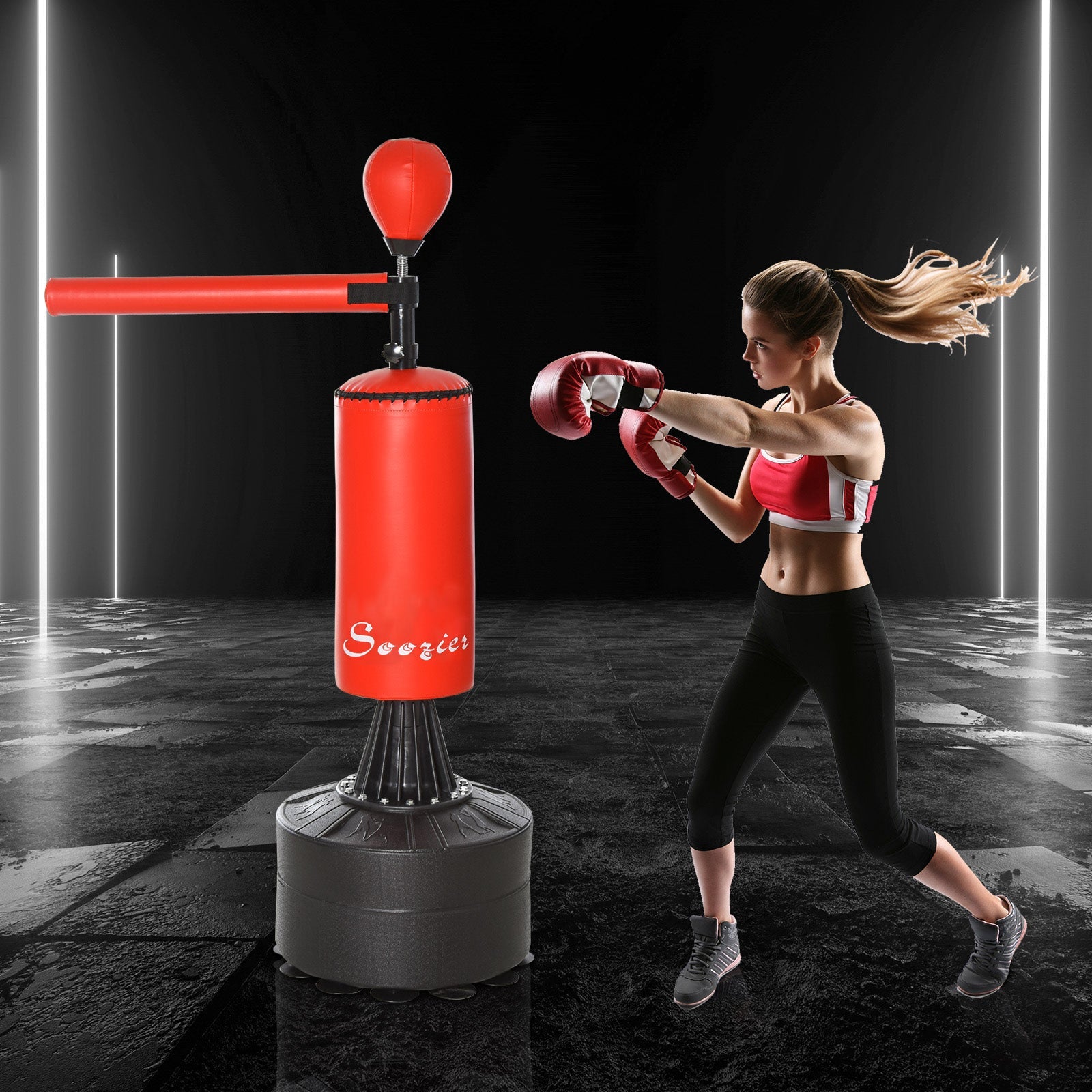 Soozier Freestanding Boxing Punch Bag Stand with Rotating Flexible Arm, Speed Ball, Waterable & Sandable Base 