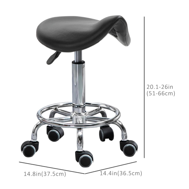 Saddle Stool, PU Leather Adjustable Rolling Salon Chair for Massage, Spa, Clinic, Beauty and Tattoo, Black