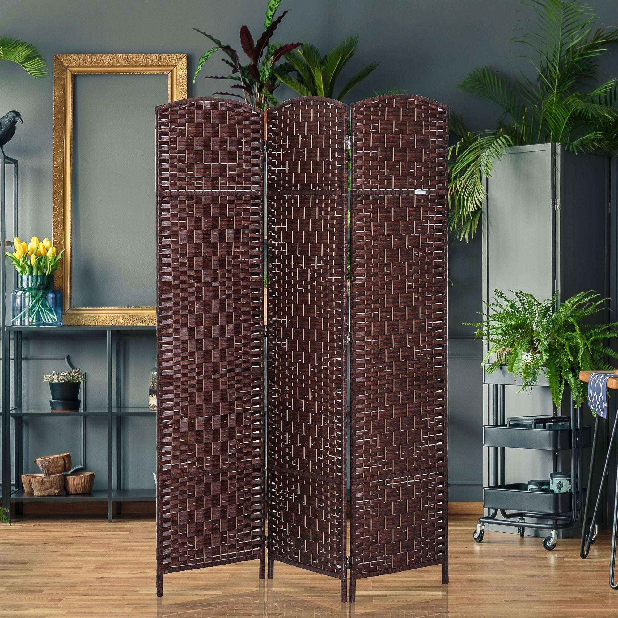 HOMCOM Rustic Charm Room Divider: 3-Panel Folding Wooden Frame Partition for Bedroom/Living Spaces, Warm Brown Tone 