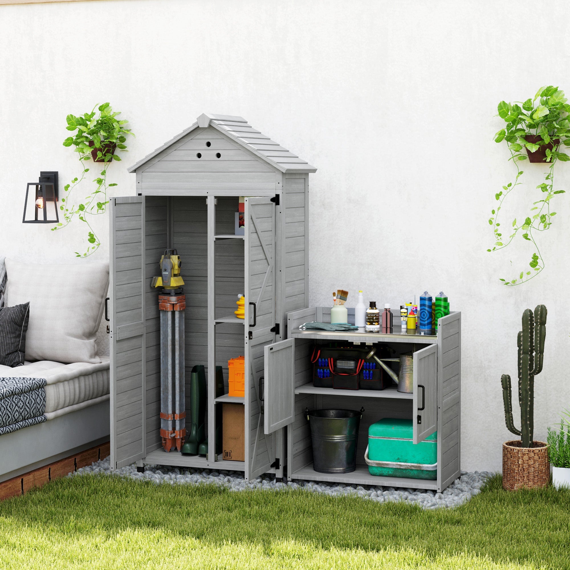 Outsunny 2-in-1 Outdoor Storage Cabinet, Wood Garden Shed with Shelves, Vent Holes, Foot Caps for Backyard, Patio, Lawn 