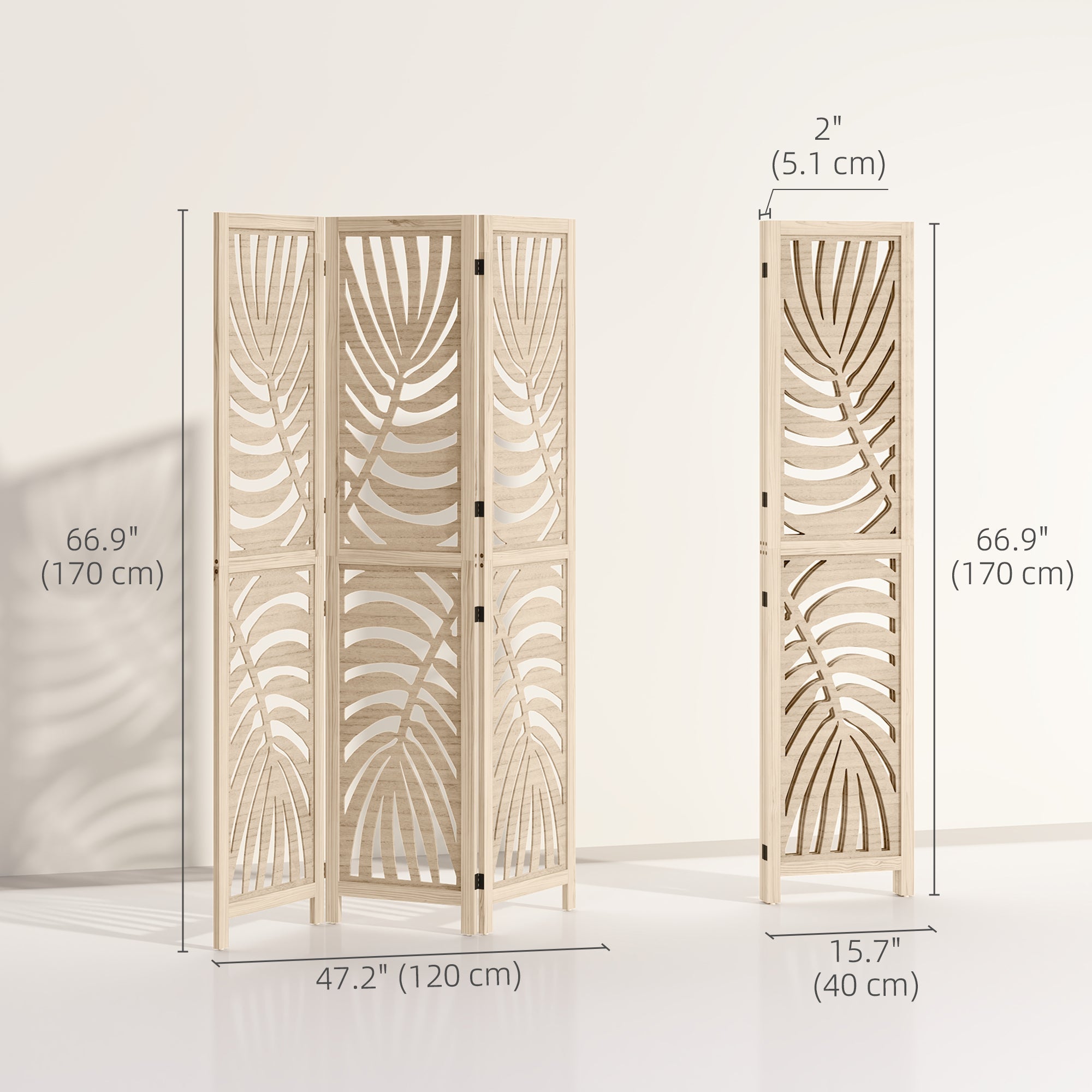 HOMCOM 3 Panel Room Divider, Detachable Folding Privacy Screens with Palm Leaf Design for Home Office, Natural Wood Finish 