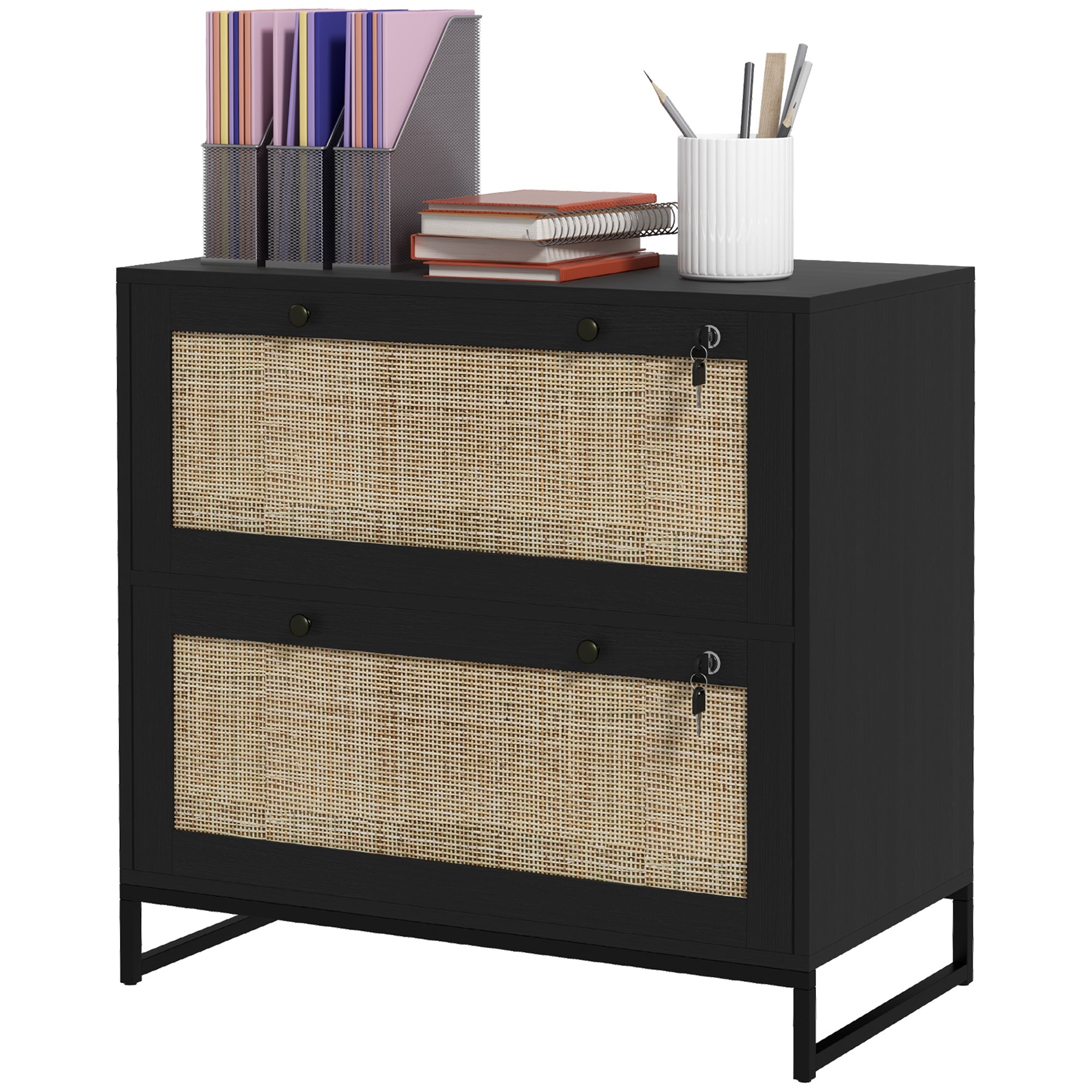 Vinsetto Boho Lockable 2 Drawer File Cabinet Adjustable Bar for Letter A4 Legal Size Black Office Storage 