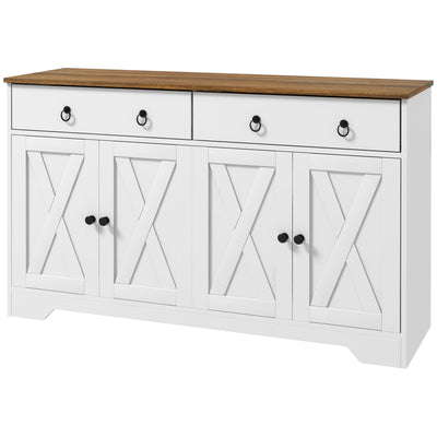 HOMCOM Kitchen Sideboard with 2 Drawers 4 Barn Doors 2 Adjustable Shelves Buffet Table White for Living Room 