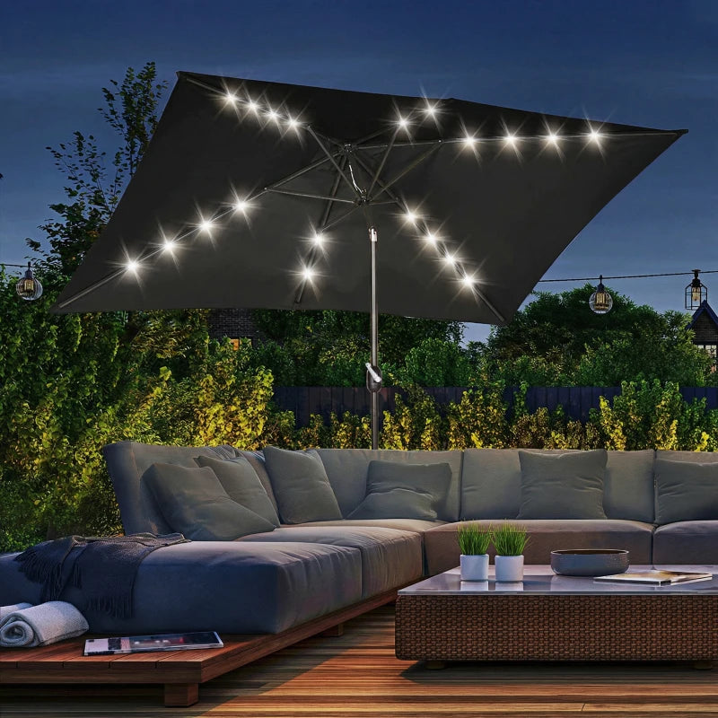 6.5x10ft Patio Umbrella, Rectangle Tilt Outdoor Market Parasol with LEDs, Black