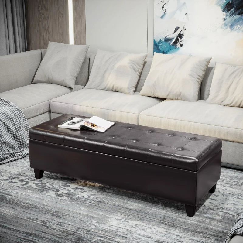 Storage Ottoman Bench, Foot Rest with Solid Wood Legs, 51 Inches PU Leather Storage Chest for Living Room, Brown