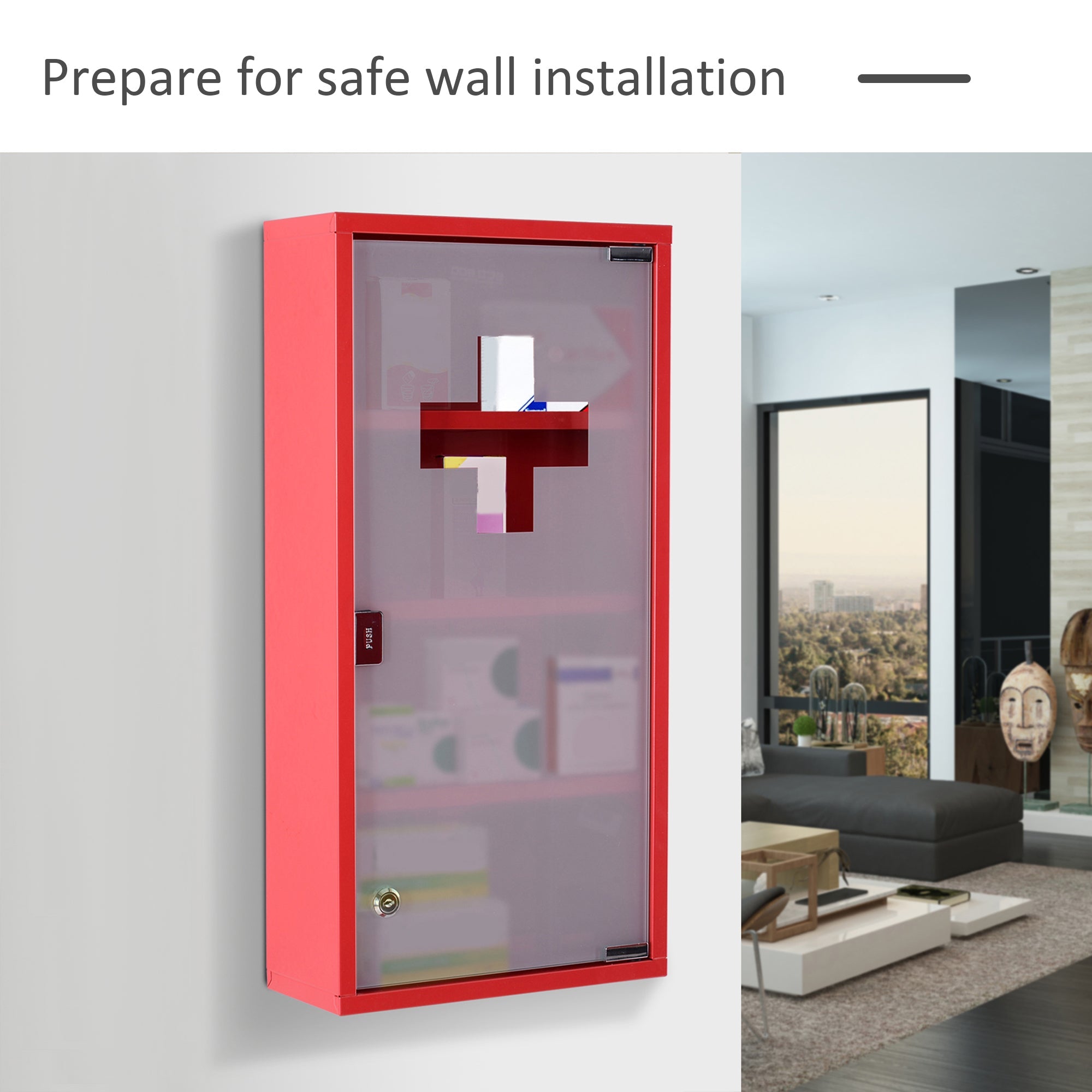 HOMCOM Wall Mount Medicine Cabinet Bathroom 4 Tier Shelves Steel Frame Glass Door Lockable 2 Keys 